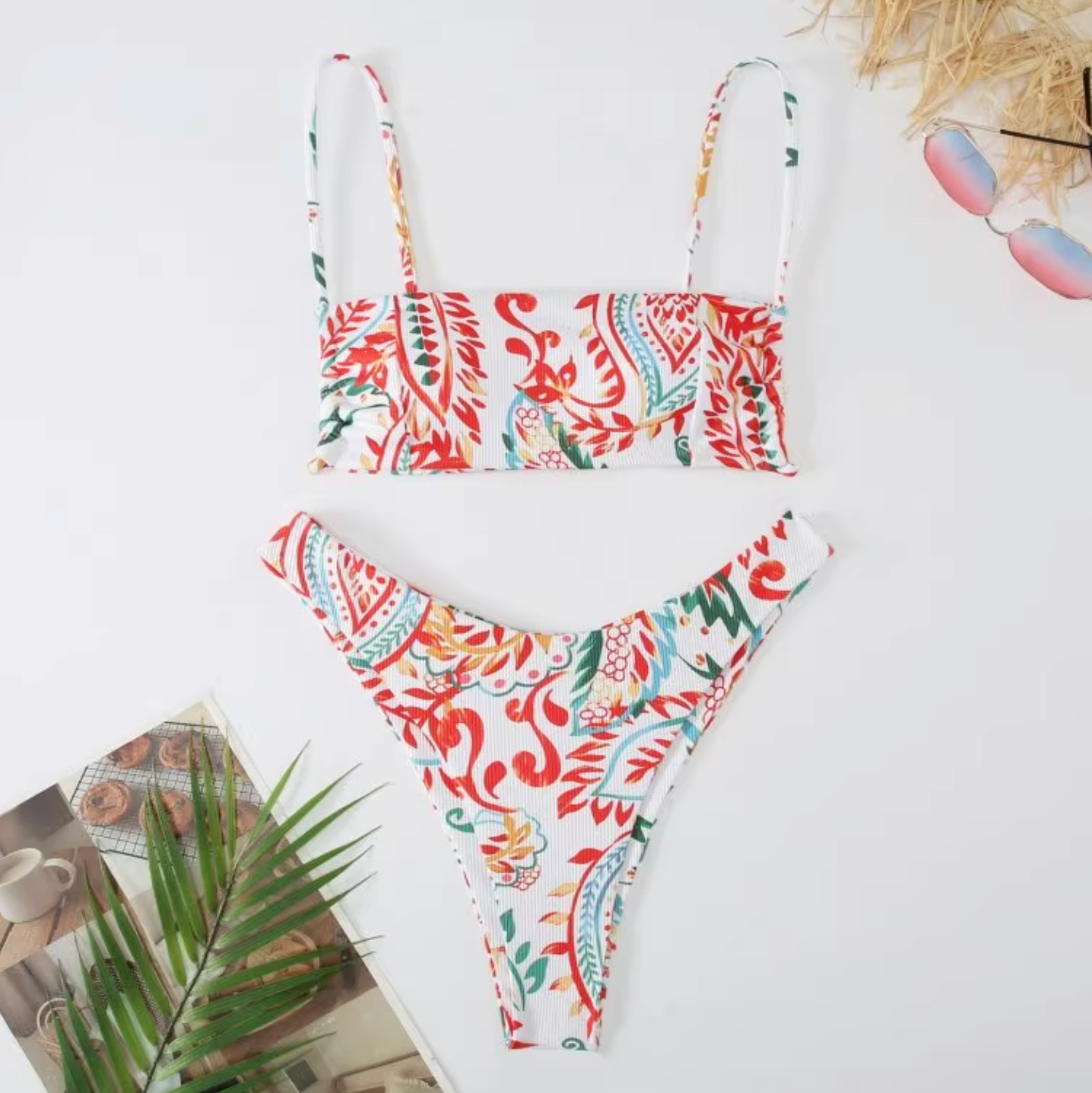 Sling bikini with red printed pattern