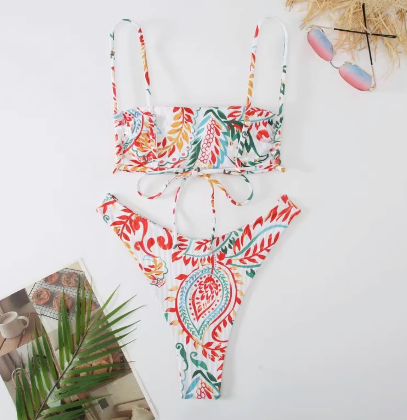 Sling bikini with red printed pattern